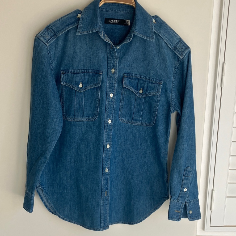 LAUREN Ralph Lauren Indigo Denim Shirt Classic Pockets and Epaulettes Size SP